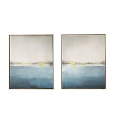 two framed art pieces with blue and white paint on them, one has an ocean scene