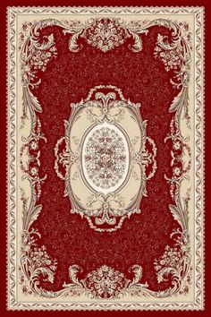 a red and beige area rug with an ornate design on the center, surrounded by scrolls