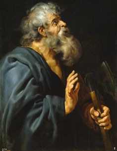 a painting of a man holding a hammer and wearing a blue robe with long white hair