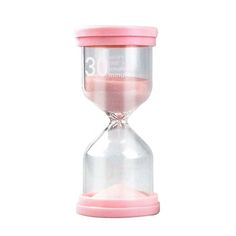 a pink and clear sand timer clock on a white background with the words 30 minutes remaining