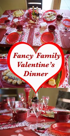 a valentine's dinner table with red plates and place settings