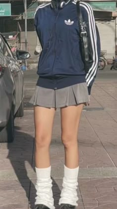 Pullover With Skirt Outfit, Outfit Ideas For School Skirt, Adidas Dress Outfits, Adidas Jacket Outfit, Gray Skirt Outfit, Gray Pleated Skirt, Casual New Years Eve Outfits, Adidas Skirt, Winter Sweater Dresses