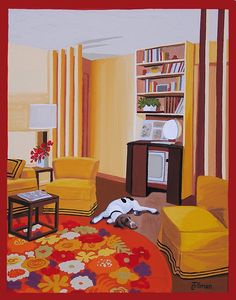 a painting of a living room with yellow chairs and a dog laying on the floor