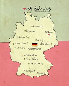 a map of germany with all the towns and major cities on it's side