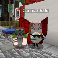 an animated image of two people standing in front of a sign that says sunnyside up