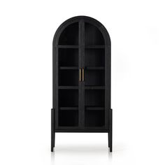 a black bookcase with an arched door on the front and bottom shelf, against a white background