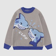 Adorable Shark, Cartoon Sweater, Streetwear Fashion Outfits, Costume Bags, Animal Sweater, Shark Pattern, Comfortable Sweater, Jacquard Knit, Pattern Sweater