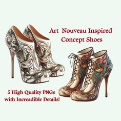 Discover the elegance of this Art Nouveau Inspired Shoe Clipart, perfect for sublimation designs and instant downloads.  Art Nouveau style is characterized by its organic forms, flowing lines, intricate detailing, and harmonious integration of art and nature.  It remains an influential and beloved style, known for its elegance, complexity, and timeless appeal. This set of stunning shoe images blend retro and modern aesthetics incorporating Art Nouveau elements, ideal for fashion projects, printa Art Nouveau Shoes, Art Nouveau Digital Illustration, Art Nouveau Violet, Art Nouveau Ladies Illustrations, Leopard Print High Heels, Shoes Clipart, Art Nouveau 1890-1910, Clipart Vintage, Shoe Image