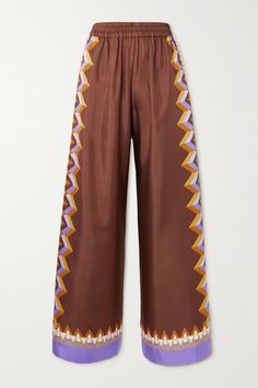 Joyful dressing is at the core of La DoubleJ, and the 'Sunset Moro' pattern that adorns these palazzo pants is sure to boost your mood. Cut from lustrous silk-twill, they sit high on the waist before cascading into wide legs. Coordinate your accessories to highlight the lilac hems. Silk Wide Leg Pants, Double J, Trouser Outfit, Boost Your Mood, Silk Pants, Silk Twill, Fall Fashion Trends, Wide Legs, Palazzo Pants