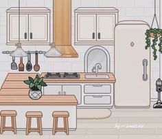 a drawing of a kitchen with an island and stools in front of the sink