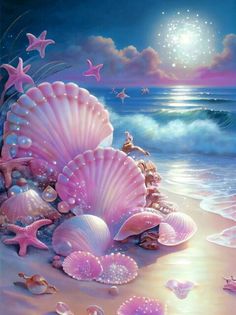 a painting of seashells and starfish on the beach at night with stars in the sky