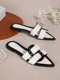 Black and White  Collar     Embellished   Women Shoes Chic Party Flats With Buckle Closure, Party Flats With Buckle Closure, Party Flats With Buckle Closure And Flat Heel, Summer Pointed Toe Flats With Buckle Closure, White Summer Party Flats, Chic Flat Mules For Party, Trendy Summer Party Flats, Party Mules With Buckle Closure And Round Toe, White Mules For Spring Party