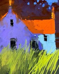 an abstract painting of a blue house with orange roof and grass in the foreground