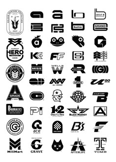 various logos and emblems are shown in this black and white photo, with the letters on