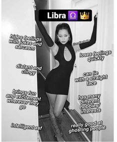 a woman in a black dress with her arms up and the words libra on it