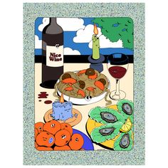 a painting of food and wine on a table