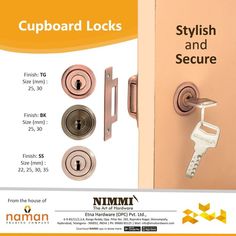 an ad for nimmi's cupboard locks, which are available in multiple colors