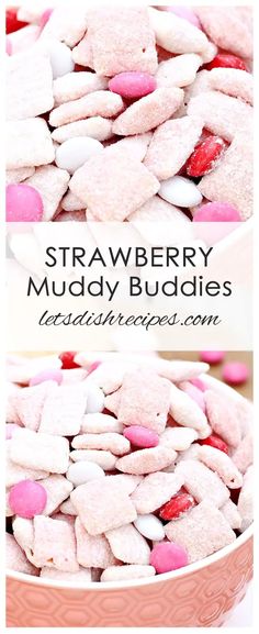 strawberry muddy buddies in a pink bowl with white and red marshmallows on top