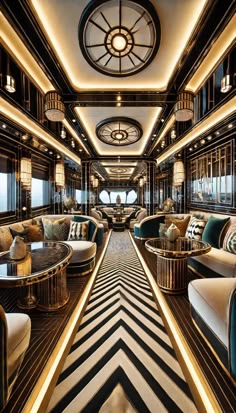 the interior of a luxury train car with black and white stripes on the floor, couches and tables