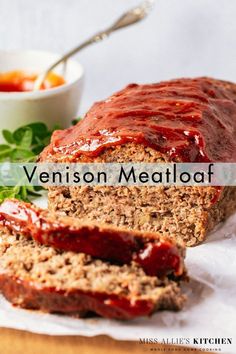 Venison meatloaf with 2 slices and the remaining loaf Venison Meatloaf Recipes, Deer Meatloaf, Venison Meatloaf, Beef Meatloaf