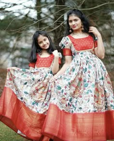 Narayanpet Frocks For Women, Long Frocks From Old Pattu Sarees, Mother Daughter Long Frocks, Mother Daughter Frock Design, Frocks For Women Pattu Long Frocks For Women, Long Frocks Pattu, Mom And Daughter Long Frocks, Narayanpet Long Frocks For Kids