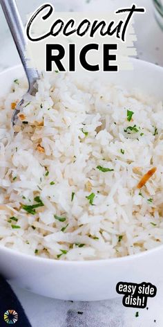 coconut rice in a white bowl with text overlay