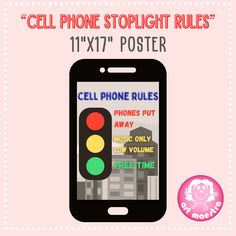 cell phone stoplight rules 11x7 poster with text and image on pink background