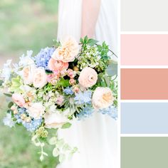 a bride holding a bouquet of flowers and greenery in front of her wedding color palette