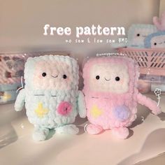 two small stuffed animals sitting next to each other on a shelf with the caption free pattern no sew slow emo