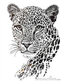 a drawing of a leopard's face with black and white spots on it,