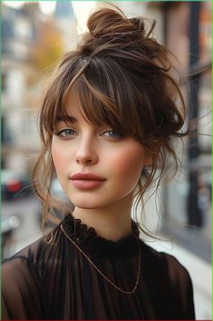 Easy French braid hair hack. Simple braid hair hack. Fringe Bun Hairstyles, Workout Hair Styles With Bangs, Messy Bun With Fringe, High Loose Updo, Updo Hairstyles With Bangs For Wedding, Updos With Bangs Casual, Short Messy Hair With Bangs, Wedding Hair With Bangs Updo, Bangs And Bun Hairstyle