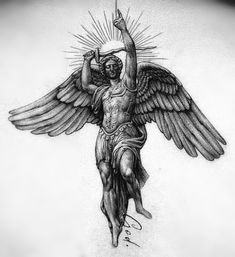 a drawing of an angel with outstretched arms and wings on the back of his body