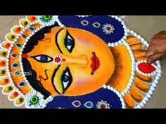 Durga Devi Rangoli Design, Navratri Rangoli Designs Unique, Durga Rangoli Designs, Devi Rangoli Designs, Kali Mata Rangoli, Laxmipujan Rangoli, Devi Rangoli