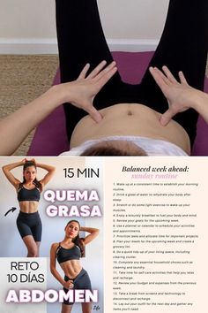 a woman doing yoga poses with her hands behind her head and the words, 15 min quema grasa abomen