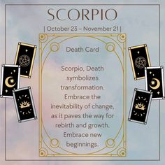 the scorpio tarot card is displayed in gold and black