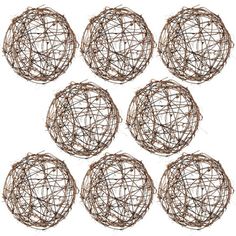 six balls of brown wire on a white background