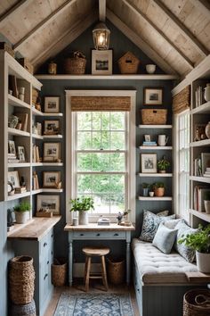 a home office with built in shelving and shelves