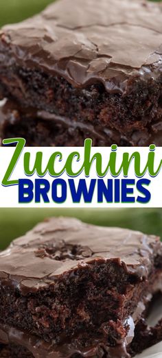 chocolate zucchini brownies are stacked on top of each other with the words zucchini above them