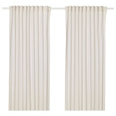 two white curtains hanging on the side of a curtain rod with pleated edges and one closed