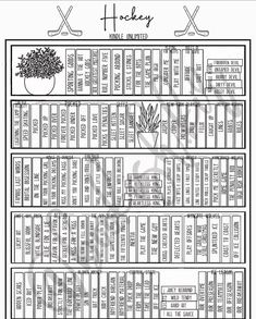 the hockey schedule is shown in this black and white version, with numbers on each shelf