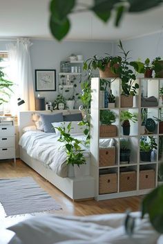 a bed room with a neatly made bed and lots of plants on the shelves next to it