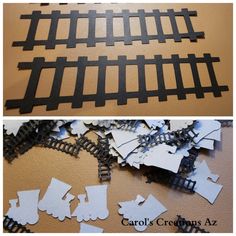 two pictures side by side one has cut out pieces of paper and the other shows train tracks