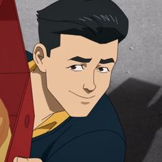 an animated man with black hair and a yellow tie is looking at something in the distance