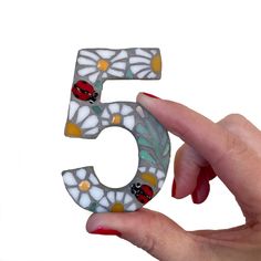 the number 5 is made out of glass with ladybugs and daisies on it