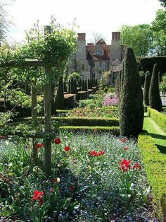 the garden is full of flowers and trees