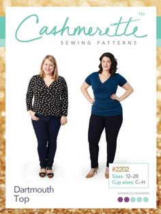 two women standing next to each other in front of a gold glitter background with the words cashmerette sewing patterns