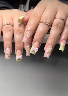 Pink And Green Nails With Flowers, Flower Charm Nail Designs, Pink And Emerald Green Nails, Ethereal Nails Square, Basic Design Nails, Nail Inspo Multicolor, Besame Mucho Nails, Spring Nail Set Ideas, Cute Green Acrylic Nails