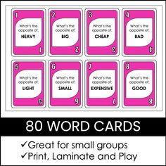 pink and black printable cards with the words, what's the opposite word?