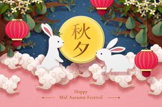 two rabbits in the clouds with lanterns and flowers on pink background for mid autumn festival royalty illustration