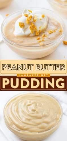 peanut butter pudding in a bowl with whipped cream on top